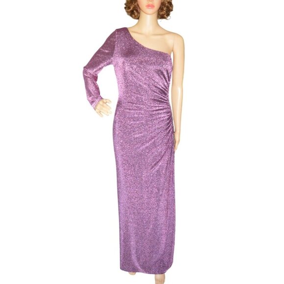 Adrianna Papell Purple One Shoulder Metallic Knit Draped Sheath Ball Gown Size 8 - Picture 3 of 9